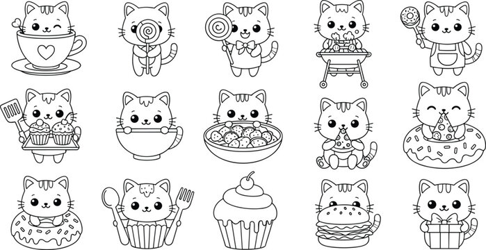 Cute kawaii cat coloring pages with food, donuts, cupcakes, pizza, cooking kittens printable activity sheets for kids
