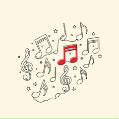 Creative continuous one-line drawing of musical notes and treble clefs with a red accent. Abstract music symbol background illustration