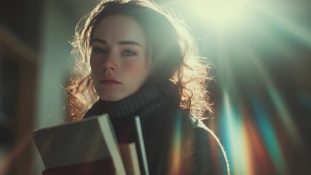 A woman with curly hair holds a stack of colorful books under soft, warm light, creating an inviting atmosphere. The glow accentuates her focus and dedication to knowledge and lear