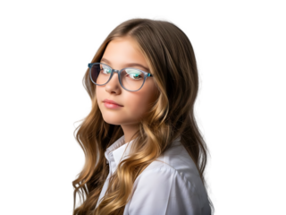 Young girl with glasses and long wavy hair posing against a black background