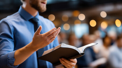 Man holding Bible, preaching gesture active, Christian religious prayer, worship evangelism service, Christmas gathering event, spiritual message delivery, faceless preacher torso,