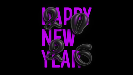 Horizontal poster. Purple lilac violet text Happy New Year, 3D liquid figure 2026, dark volumetric numbers 2, 0, 6 on black background. Concept of Merry Christmas gift, winter holiday. Bold font