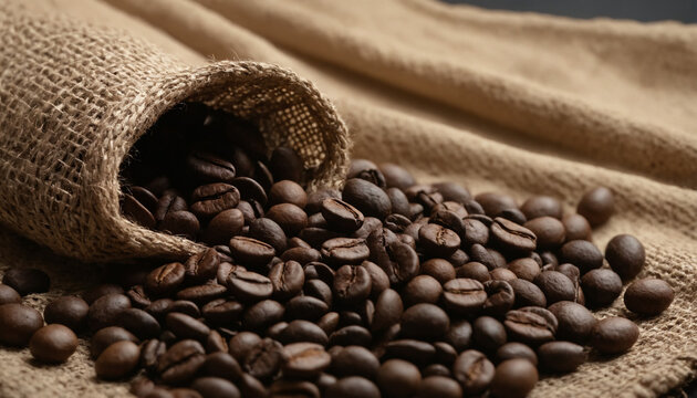 Roasted coffee beans spilling out of a burlap sack on a rustic surface, aroma and caffeine concept, macro shot.