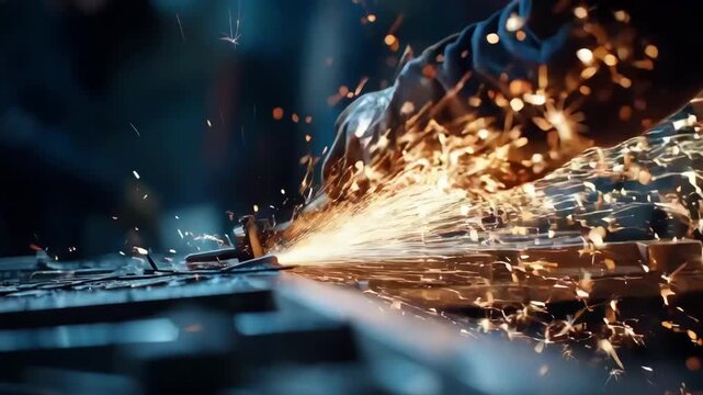 Medium shot of skilled workers forging copper busbars highlighting sparks flying and precise hammering to shape conductive metal parts.