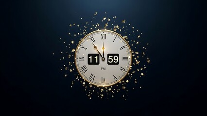 New year countdown clock at midnight surrounded by golden stars