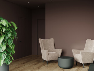 Background empty wall painted in mocha mousse trend color of the year 2025 - brown taupe chocolate palette. Minimalistic scene room with armchairs, coffee table, modern details. 3d render