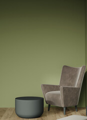 Living room or buisness space scene in deep green colors. Combination of olive sage taupe. Empty wall blank - olivegreen background and luxury armchair. Premium interior area for art. 3d render