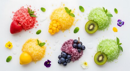 Delicate arrangement featuring fresh fruits and sugar crystals on white canvas