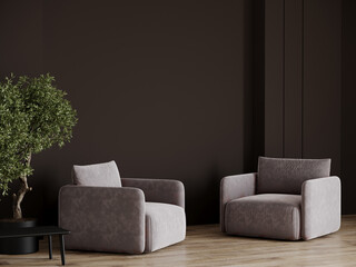 Dark livingroom - modern interior and rich furniture design. Mockup for art - empty painted deep brown  wall. Cozy armchairs and blank background. Luxury premium lounge room. 3d render