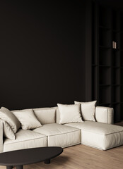 Modern living room with minimalist beige sofa. Dark stylish interior room living lounge space. Luxury couch, accent table, deep paint background dark black wall. 3d render