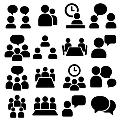 Meeting and Dialogue Icons: Collection of simple icon, illustrating the various aspects of meeting. From discussions to presentations, perfect for depicting communication and collaboration concepts.