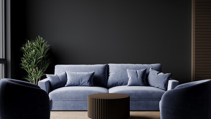 Livingroom or buisness lounge in deep dark colors. Combination of blue and black. Empty wall mockup - paint background and rich set furniture. Luxury interior design reception hotel room. 3d render