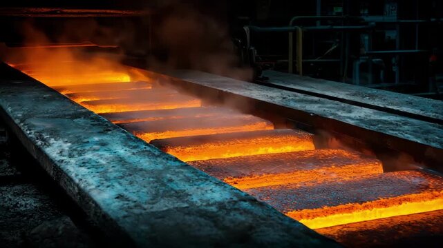Wide medium shot of molten aluminumsilicon alloy cooling on a conveyor belt featuring the gradual solidification and formation of strong resilient metal sheets.