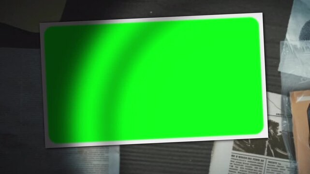 Green framed placeholder screen on newspaper background. Documentary style clip 4K
