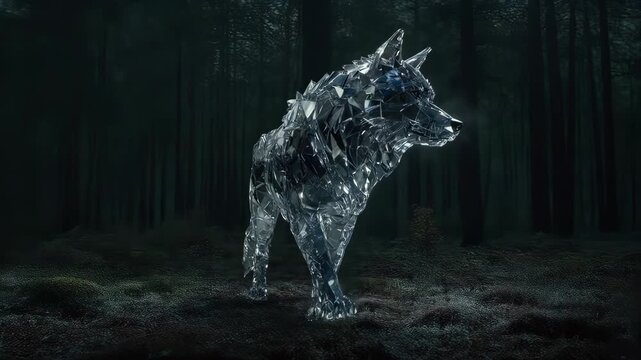 A crystalline wolf stands in a dark forest, vapor exhaling