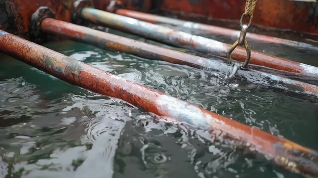 Medium shot of cylindrical pipes lowered into a hotdip galvanizing tank highlighting the immersion technique in industrial corrosion resistance