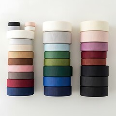 Neatly stacked multicolored ribbon rolls perfect for crafts and decorations
