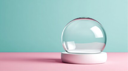 Empty glass dome on a white pedestal, standing on a pink surface with a turquoise blue background, offering copy space for creative product display