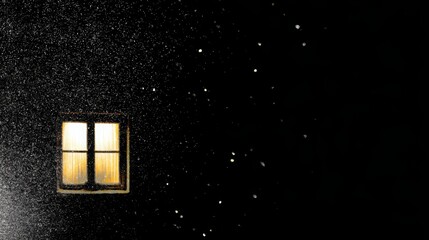 Warm light illuminating interior through a window frame during a dark winter night, with snow falling and creating a cozy, inviting atmosphere for home comfort