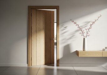 Open wooden door casting shadows in modern home interior daylight