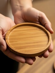 Person Holding Round Wooden Tray for Serving Drinks or Decorative Item