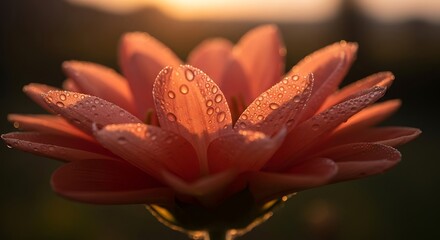 Radiant dahlia blossom drenched in dewdrops at golden hour glow