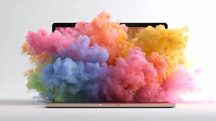 A vibrant cloud of pink, blue, and yellow hues billows out from a sleek laptop, creating an enchanting scene filled with creativity. The colorful vapor swirls whimsically, inviting