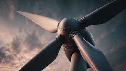 Close-up of a wind turbine against a cloudy sky generating renewable energy.