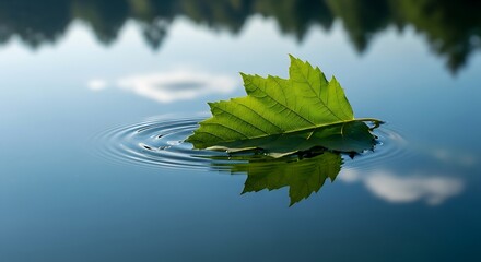 Reflective tranquility: A single leaf floats on serene waters creating a ripple effect showcasing nature's delicate