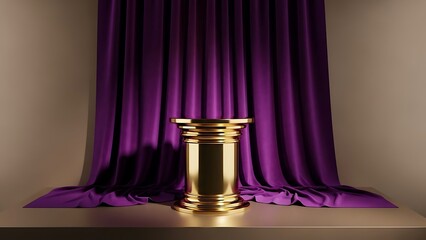 Regal presentation with a golden podium and luxurious purple curtain