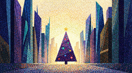 Christmas tree stands amid city buildings, colorful lights adorn the tree, city buildings, holiday spirit