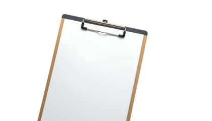 Blank clipboard, angled, with white paper against a black background