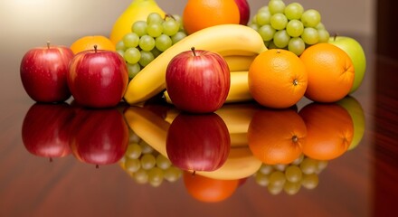 Vibrant composition of mixed fruits with a reflective surface still life