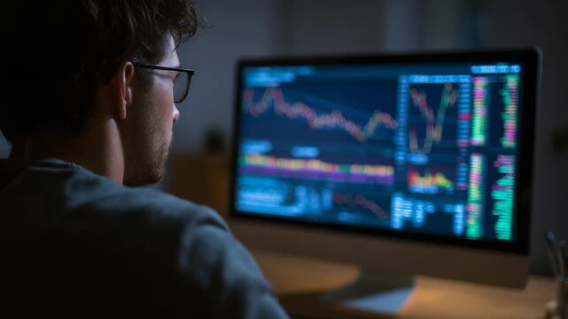 A focused man analyzes financial data and stock market charts on a computer monitor in a dimly lit office. He studies real time trading graphs and digital analytics for investment decisions