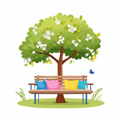 Park bench with colorful pillows under a blossoming tree.