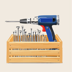 Power drill resting on a wooden crate of nails.