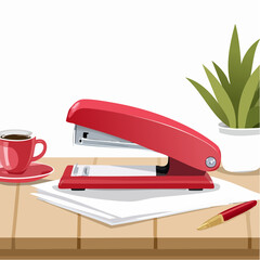 Red stapler on an office desk with coffee and plant.