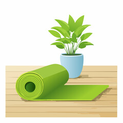 Rolled green yoga mat on wood floor with houseplant.