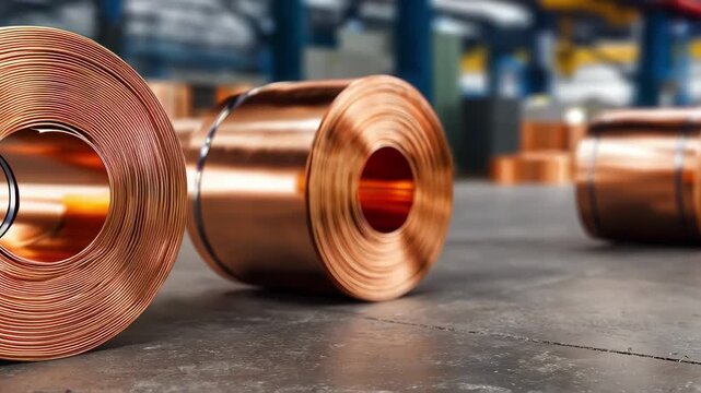 Slow pan across efficient graphenecopper alloy coils in a hightech facility highlighting advancements in thermal and electrical conductivity