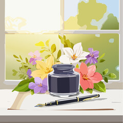 Vintage inkwell and fountain pen with colorful flowers on a windowsill.