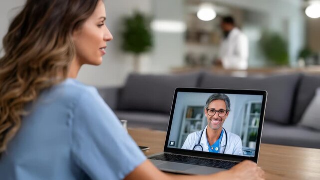 Young woman consults with a smiling doctor via video call on her laptop in a modern living room. Telemedicine and online healthcare services are becoming increasingly popular and accessible worldwide