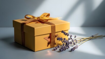 Elegant gift box with lavender and soft sunlight