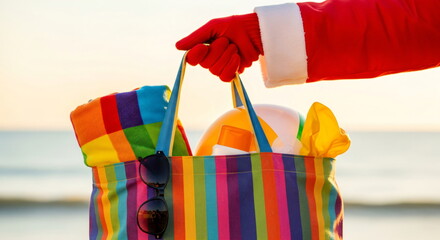 Santa hand holding beach bag with flip flops and other vacation items on a sandy beach by the ocean. Christmas holiday or summer travel concept.