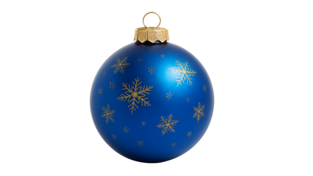 A blue Christmas ornament with golden snowflakes and cap, isolated on white. PNG transparent background.