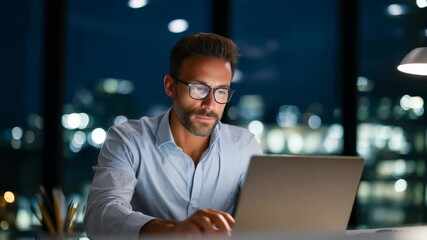 Confident businessman working late at night in a modern office, focused on his laptop screen. Professional male entrepreneur analyzing data and making important decisions after hours - Powered by Adobe