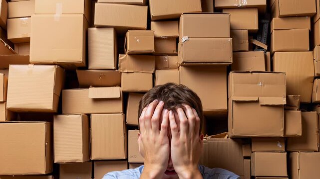 Desperate man grabs his head in shock in front of a wall of packages. Small business owner overwhelmed by orders or moving day chaos. Camera tilts up to reveal endless boxes.