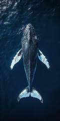Aerial view of majestic humpback whale swimming in deep blue ocean
