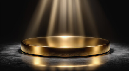 Golden circular podium lit by dramatic spotlights in dark smoky scene
