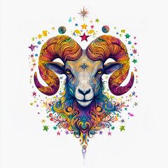 Colorful zodiac ram with swirling ornate patterns and vibrant cosmic elements
