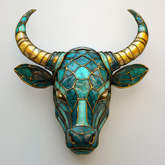 Bull head mosaic sculpture in blue and gold against white background
